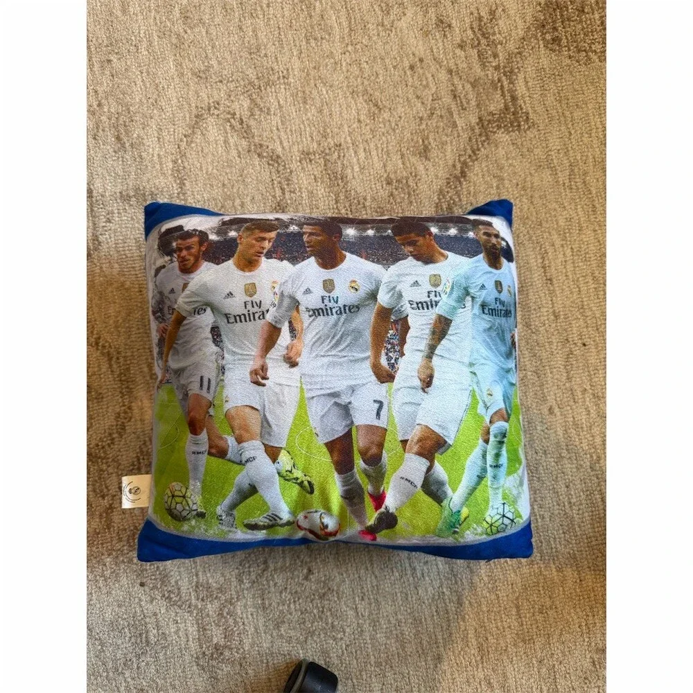 Real Madrid CF Throw Pillow Blue Reversible Crest Logo & Team Photo Square